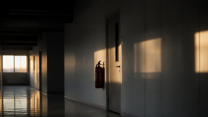 Empty office corridor at dawn, a lone fire extinguisher mounted on the wall beside a closed emergency exit door