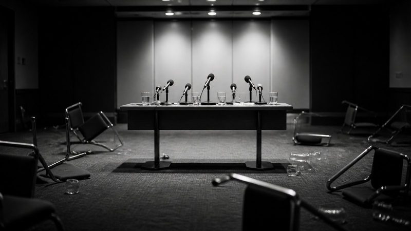 Empty conference room after a press briefing, overturned chairs, scattered water glasses, microphones on a bare table, harsh overhead light