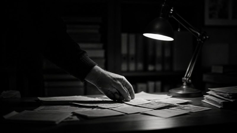 Weathered office desk covered with scattered newspaper clippings and pinned index cards, a single hand sorting them under lamplight