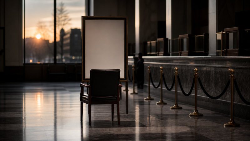 Empty bank branch interior at dusk, marble counters, velvet rope stanchions, one abandoned chair facing a blank promotional poster frame