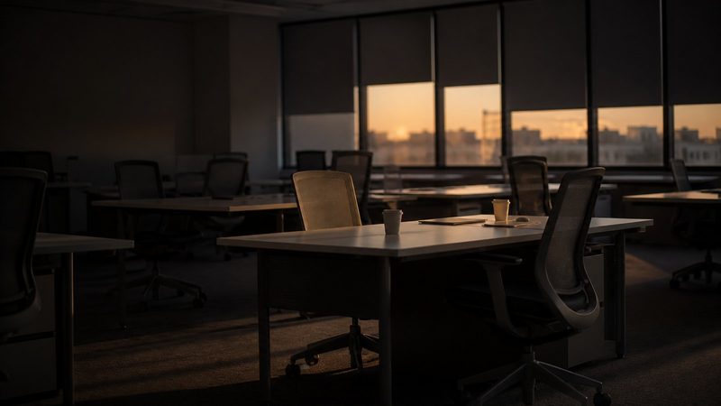 Rows of empty desks in an open-plan office at dusk, chairs pushed back, coffee cups left behind, blinds half-drawn