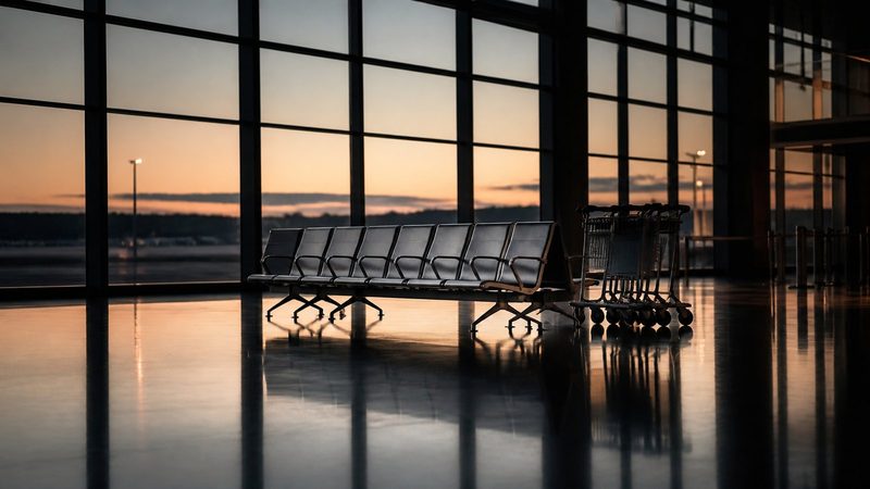 Empty airport departure hall at dusk, rows of vacant seats, motionless baggage carts, wide floor reflecting overhead lights.