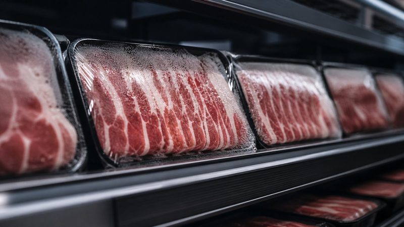 Rows of vacuum-sealed sliced meat trays lined up under cold supermarket lighting, condensation beading on the plastic film