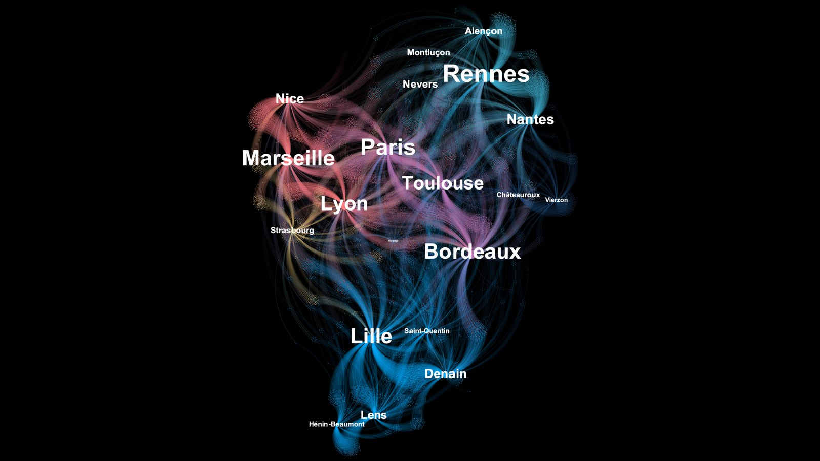 Map of France showing Instagram audiences by city, highlighting the consistencies of audience between metropolises