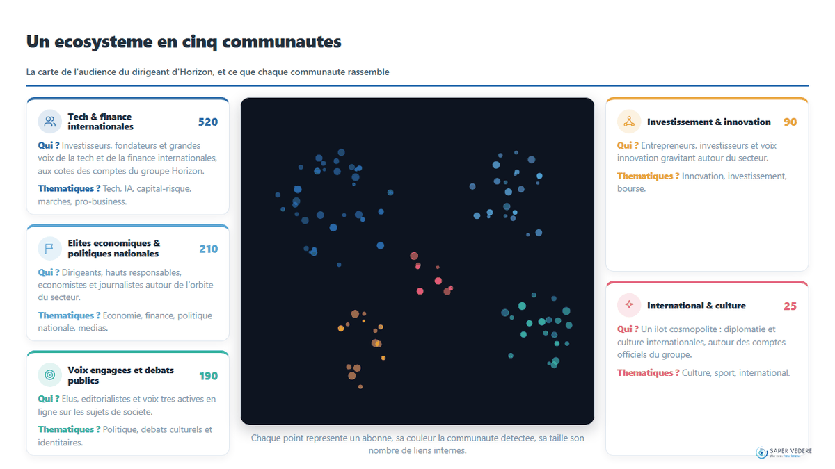 Analyse d'audiences : les communautés détectées autour de l'organisation et ce que chacune rassemble